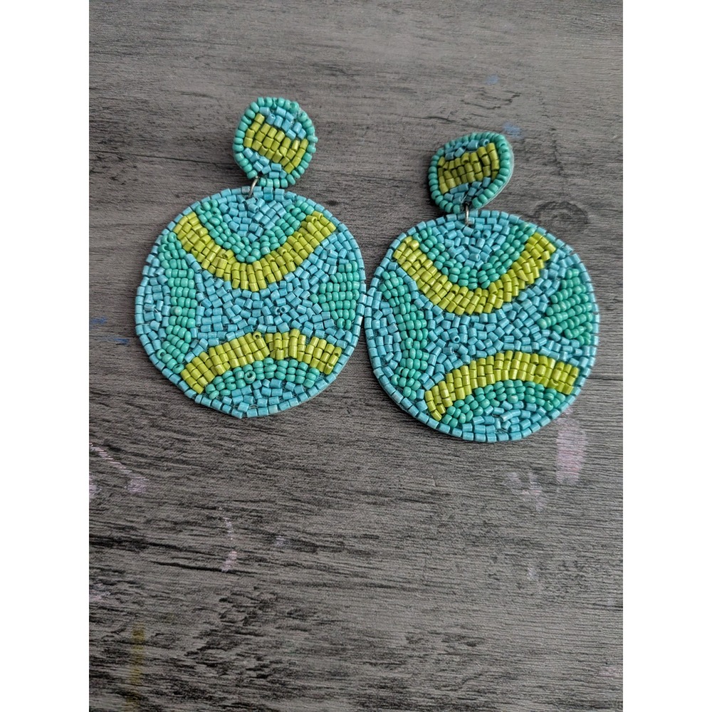 Beaded Turquoise and Lime Green Disc Drop Earrings Boho Geometric Post Back